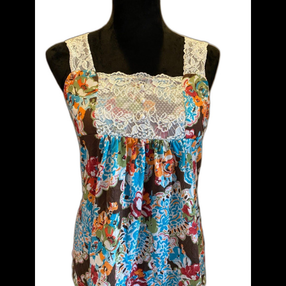 Self Esteem Blouse Womens Sleeveless Top  Lace  Straps Blue Orange Pattern - Picture 2 of 10